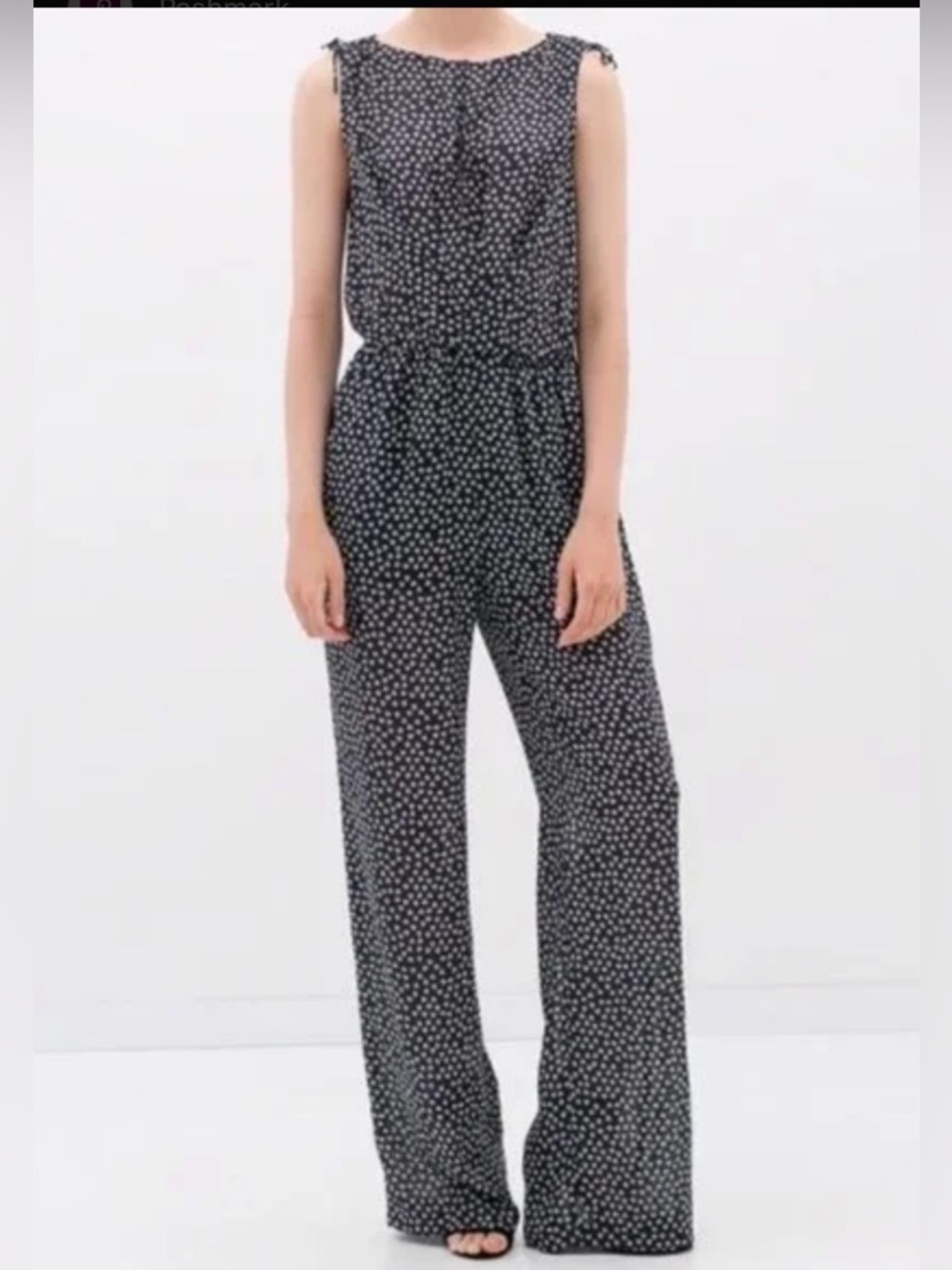 Zara Sheer Sleeveless Clover Navy+White Printed Wide-Leg Jumpsuit XS
